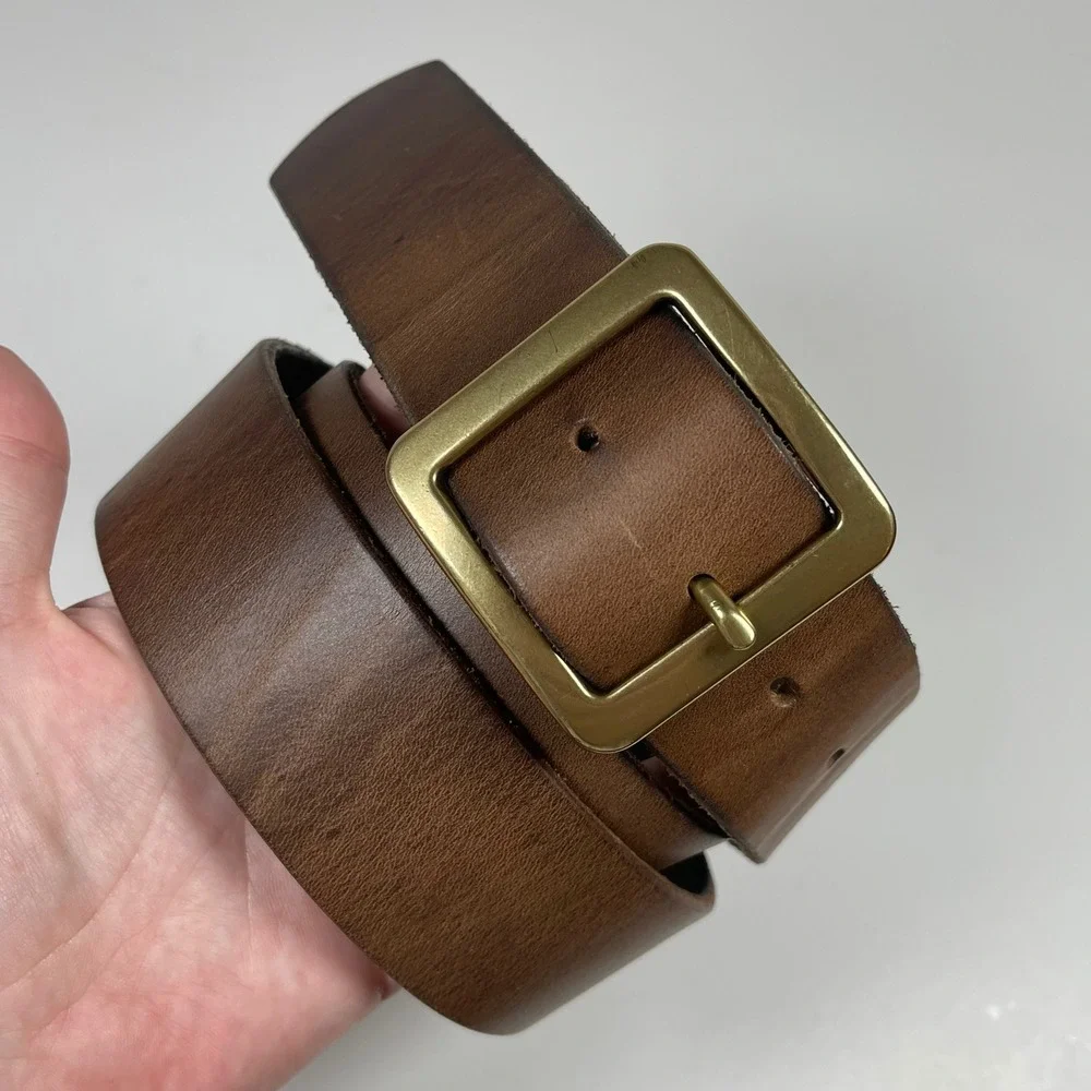 Vintage Handmade Leather Belt Mens 38 Brown Brass Square Buckle Full Grain